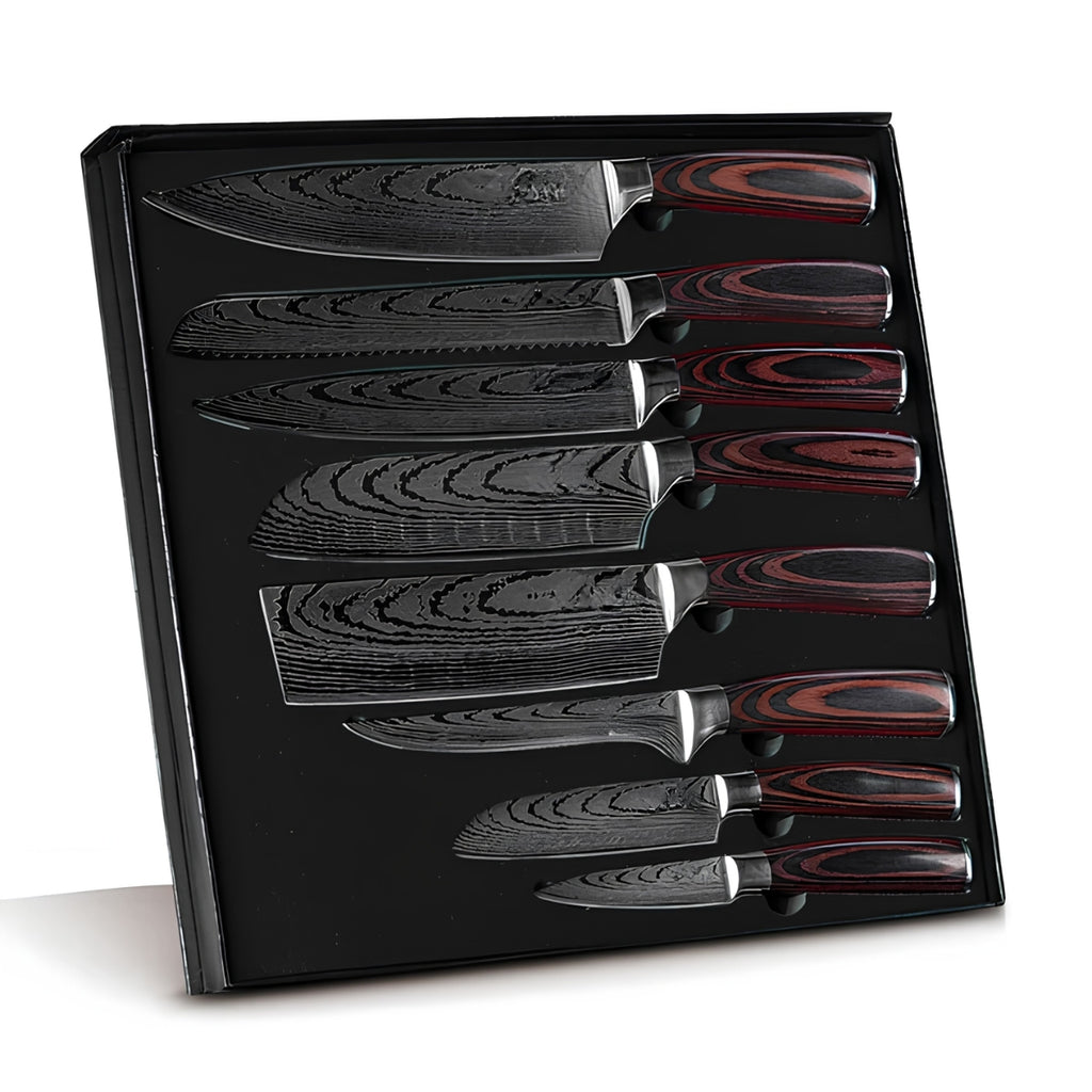 Syvek Japanese Damascus 8-Piece Set – Crimson Pakkawood Edition