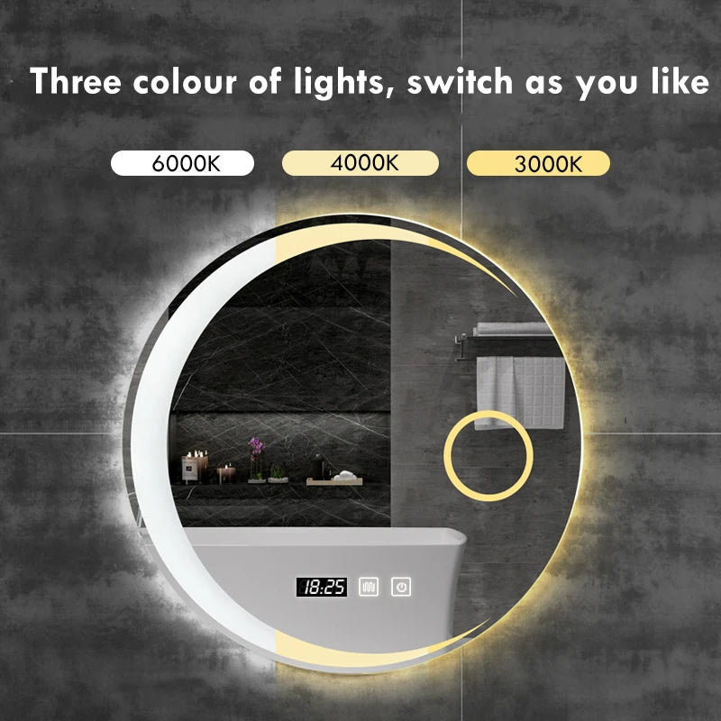 Espejo de baño con forma de luna redonda, luz LED ajustable de 3 colores con altavoz Bluetooth, espejo de maquillaje inteligente, 40/50/60cm