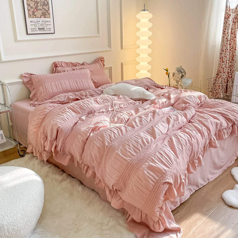 Juego de fundas de edredón con volantes para cama individual, juego de ropa de cama con sábana y fundas de almohada, color blanco, 3/4 piezas, color verde, rosa y gris