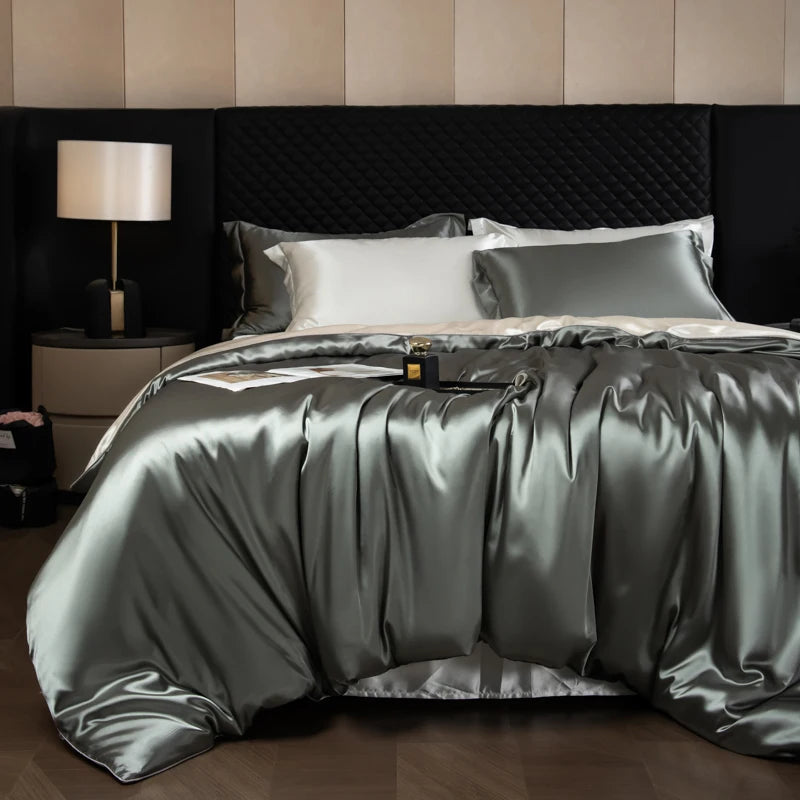 Juego de sábanas de seda, juego de cama de lujo con funda nórdica, sábana bajera ajustada/plana, fundas de almohada mezcladas con rayón King Queen Full Twin
