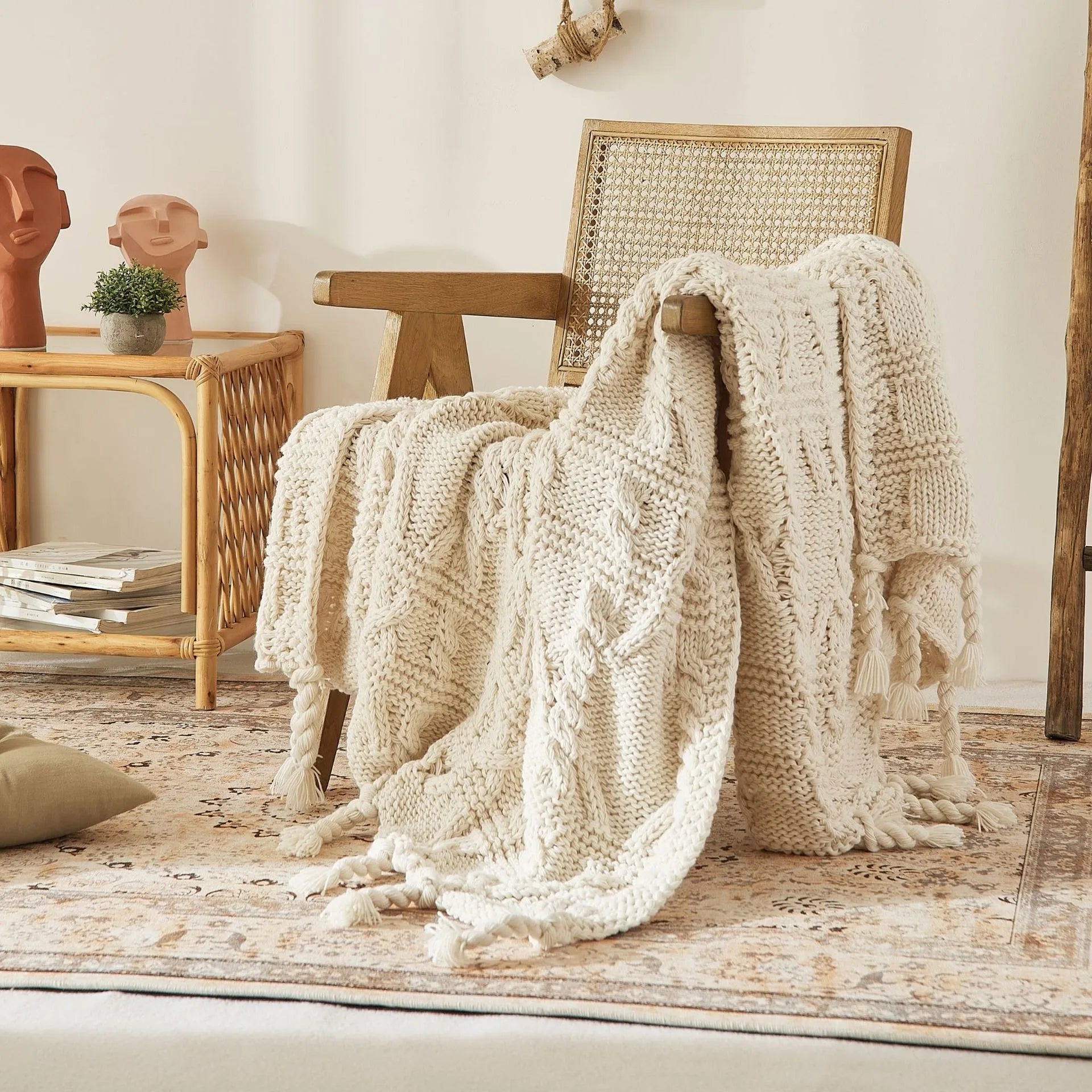 Manta de punto beige nórdica con borlas para sofá, manta decorativa suave y acogedora para sala de estar, regalo de decoración para el hogar