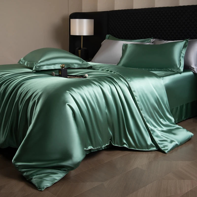 Juego de sábanas de seda, juego de cama de lujo con funda nórdica, sábana bajera ajustada/plana, fundas de almohada mezcladas con rayón King Queen Full Twin