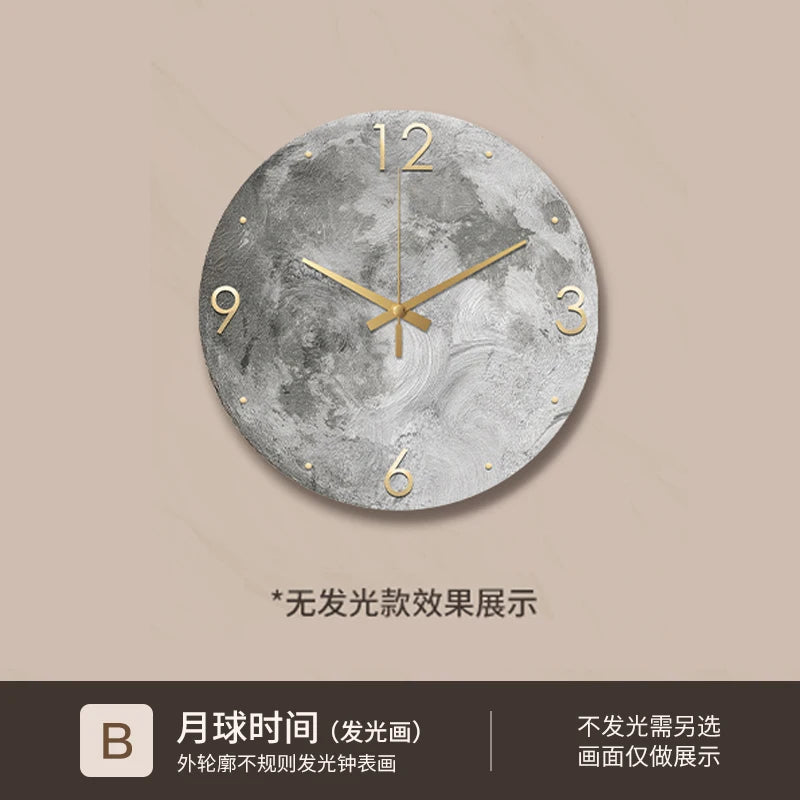 Reloj de pared minimalista moderno para sala de estar, pintura de piedra arenisca de Luna, Ideas de restaurante de moda para el hogar, decoración de pared con luz LED