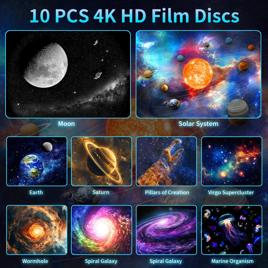 Proyector Galaxy 4K con Aurora Giratoria - Luz de Cielo Estrellado HD, Temporizador/Enfoque Ajustables, 10 Discos de Estrellas, Regalo Perfecto para Decoración del Hogar
