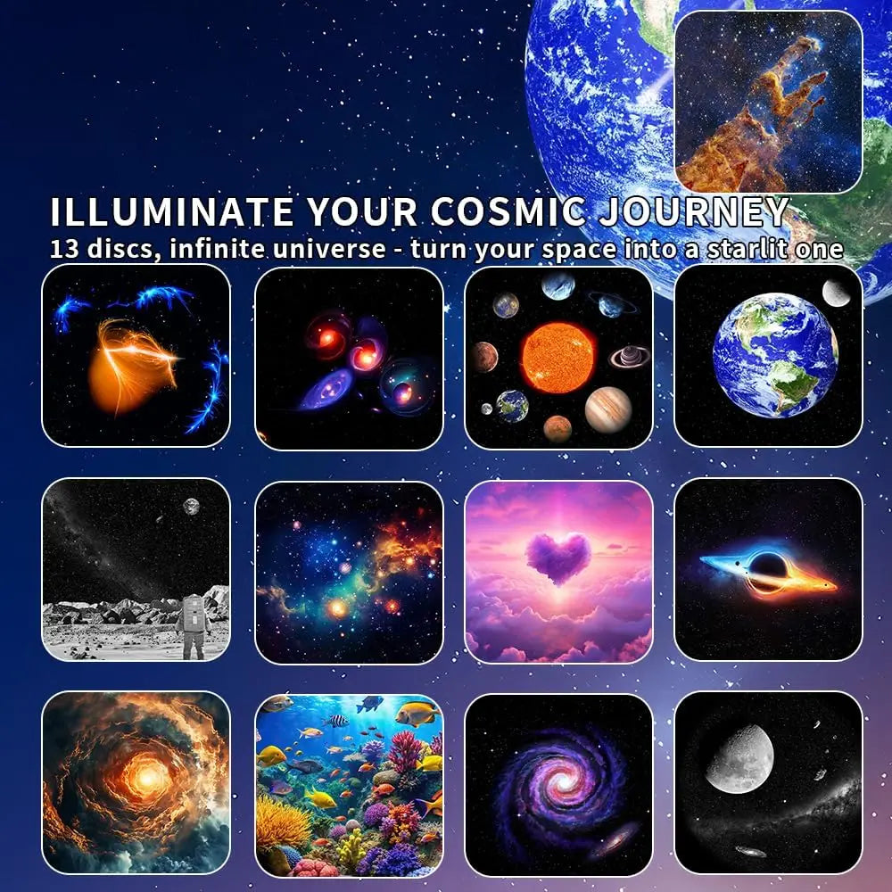 Proyector de galaxia con 13 discos de película, proyector de estrellas 4K HD, luz nocturna para dormitorio para niños, proyector planetario doméstico con pantalla de reloj
