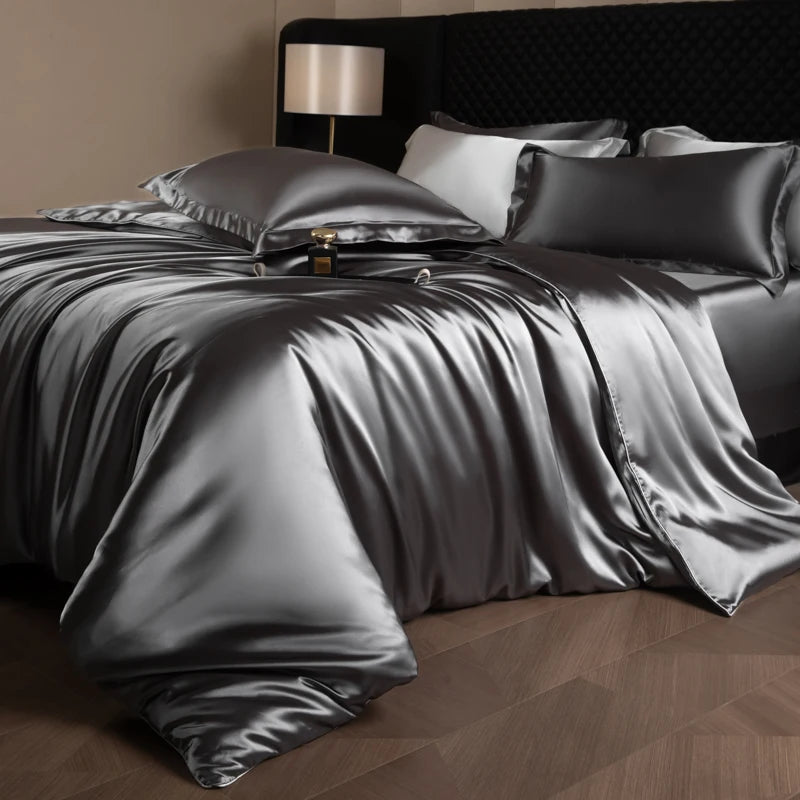 Juego de sábanas de seda, juego de cama de lujo con funda nórdica, sábana bajera ajustada/plana, fundas de almohada mezcladas con rayón King Queen Full Twin