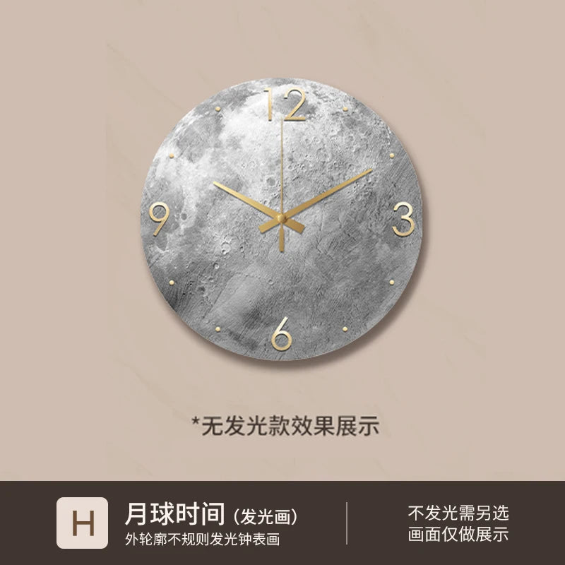 Reloj de pared minimalista moderno para sala de estar, pintura de piedra arenisca de Luna, Ideas de restaurante de moda para el hogar, decoración de pared con luz LED
