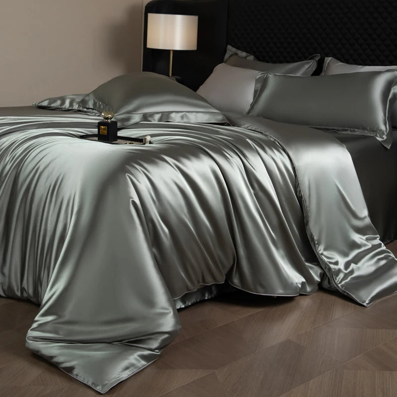 Juego de sábanas de seda, juego de cama de lujo con funda nórdica, sábana bajera ajustada/plana, fundas de almohada mezcladas con rayón King Queen Full Twin