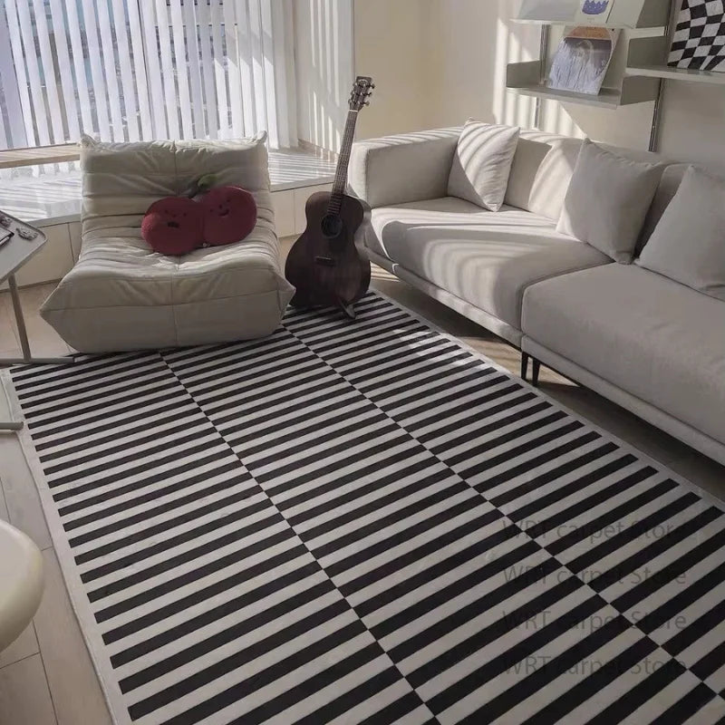 Alfombra moderna a rayas blancas y negras, decoración minimalista para dormitorio, mesita de noche, alfombra corta de terciopelo, alfombras antideslizantes para salón y guardarropa