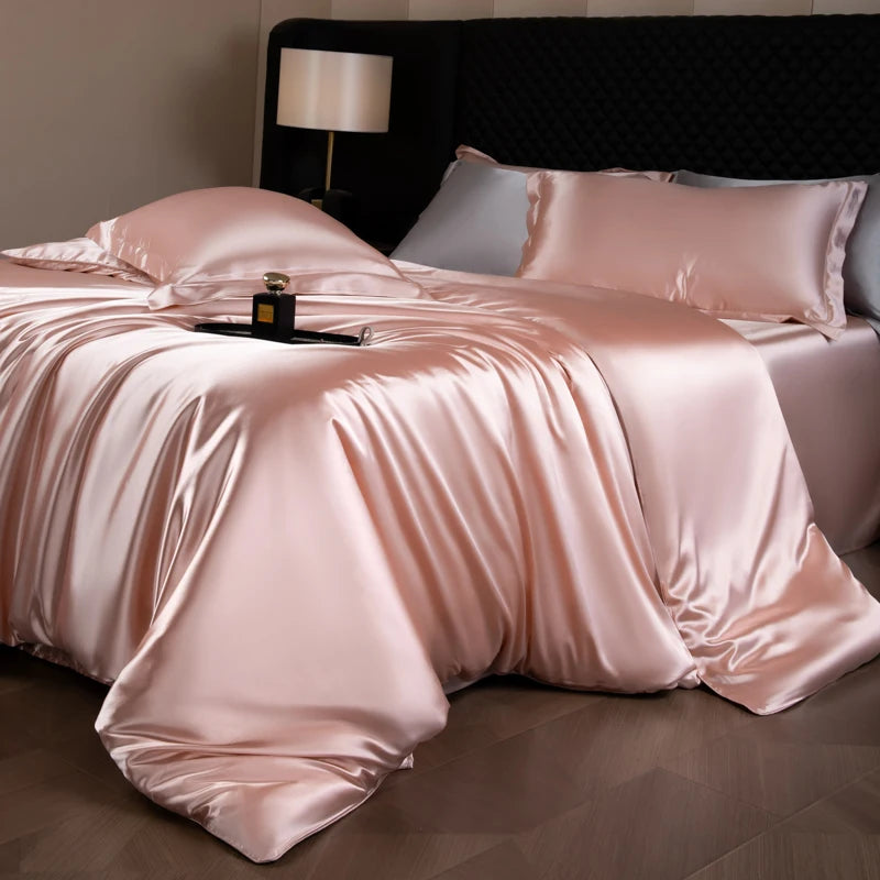 Juego de sábanas de seda, juego de cama de lujo con funda nórdica, sábana bajera ajustada/plana, fundas de almohada mezcladas con rayón King Queen Full Twin