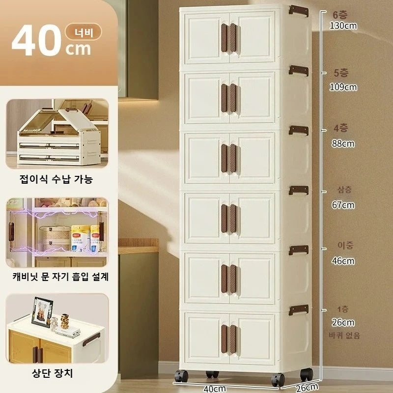 Gabinete de almacenamiento plegable de estilo coreano, caja organizadora de plástico de gran capacidad con ruedas apilables para el hogar