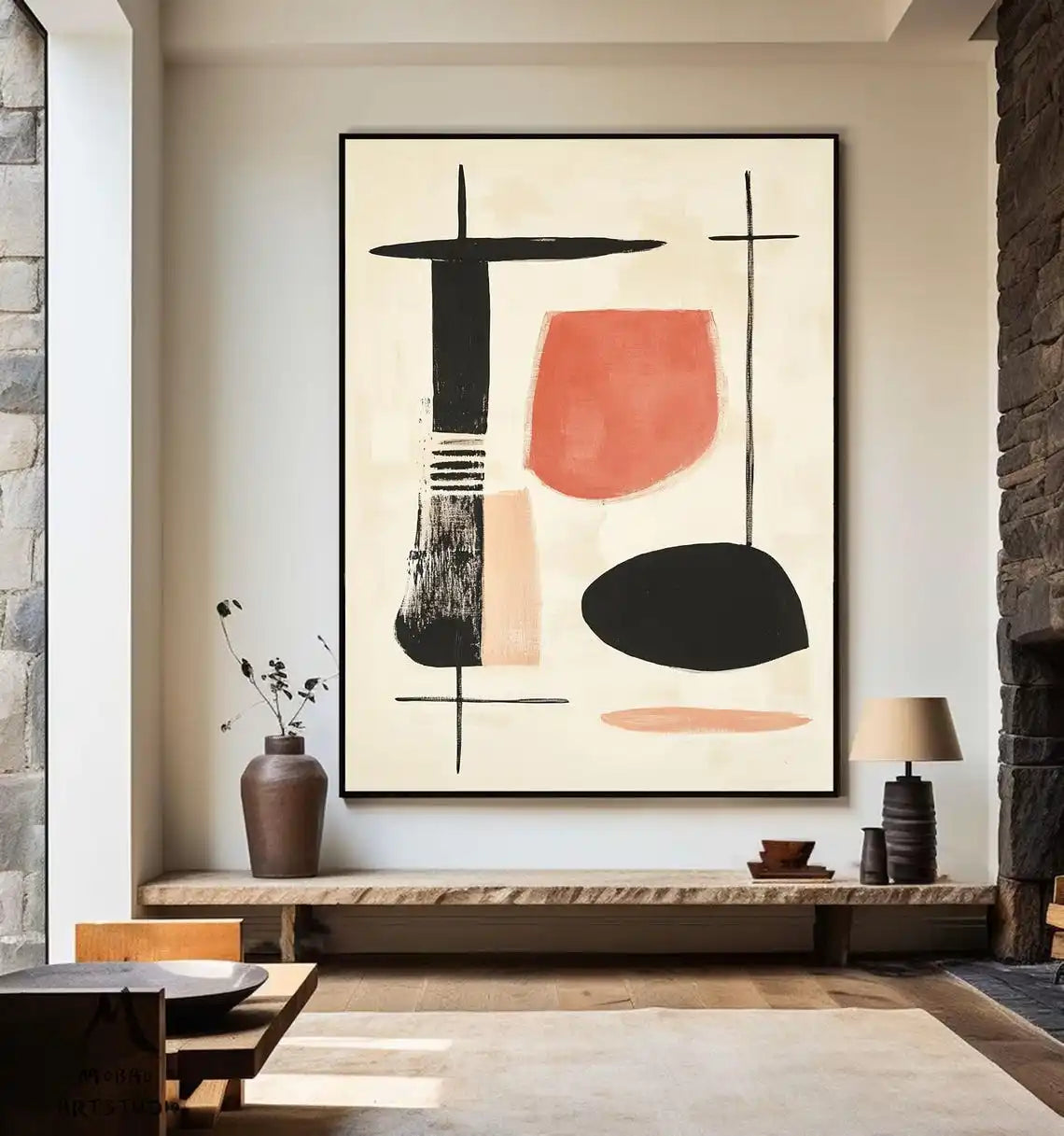 Pintura minimalista Beige hecha a mano, lienzo bohemio, arte de pared, pintura abstracta Beige, pintura de textura negra, decoración de pared de salón