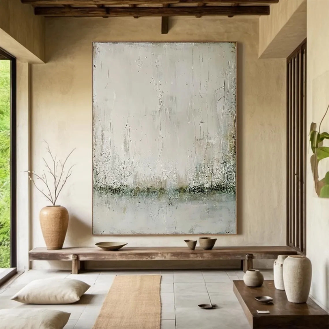 Pintura minimalista Beige hecha a mano, lienzo bohemio, arte de pared, pintura abstracta Beige, pintura de textura negra, decoración de pared de salón