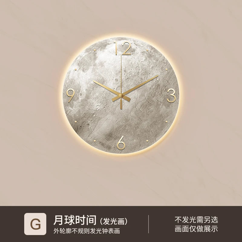 Reloj de pared minimalista moderno para sala de estar, pintura de piedra arenisca de Luna, Ideas de restaurante de moda para el hogar, decoración de pared con luz LED
