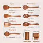 9 cucharas de madera para cocinar, utensilios de madera para cocinar con soporte para utensilios, juego de utensilios de cocina de madera de teca