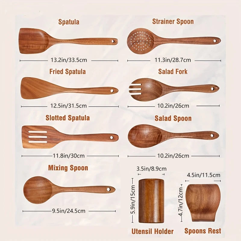 9 cucharas de madera para cocinar, utensilios de madera para cocinar con soporte para utensilios, juego de utensilios de cocina de madera de teca