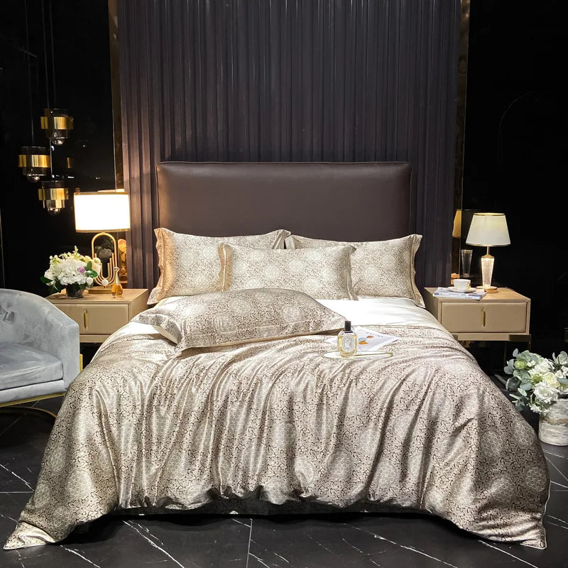 Juego de ropa de cama de seda Natural de alta gama, edredón suave y sedoso de lujo, funda de edredón con estampado individual, doble, tamaño King