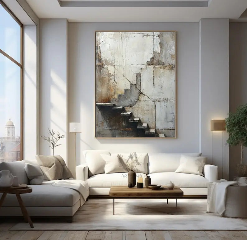 Pintura minimalista Beige hecha a mano, lienzo bohemio, arte de pared, pintura abstracta Beige, pintura de textura negra, decoración de pared de salón