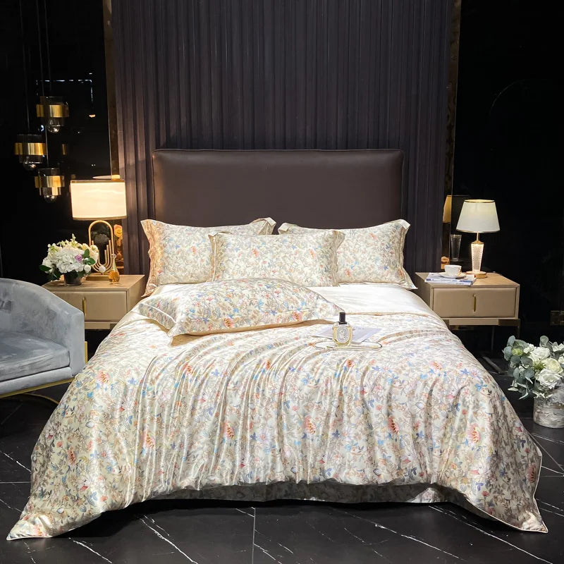 Juego de ropa de cama de seda Natural de alta gama, edredón suave y sedoso de lujo, funda de edredón con estampado individual, doble, tamaño King