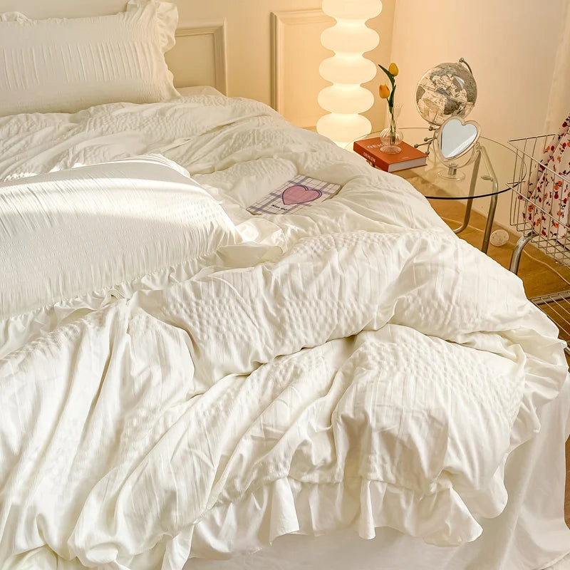 Juego de fundas de edredón con volantes para cama individual, juego de ropa de cama con sábana y fundas de almohada, color blanco, 3/4 piezas, color verde, rosa y gris