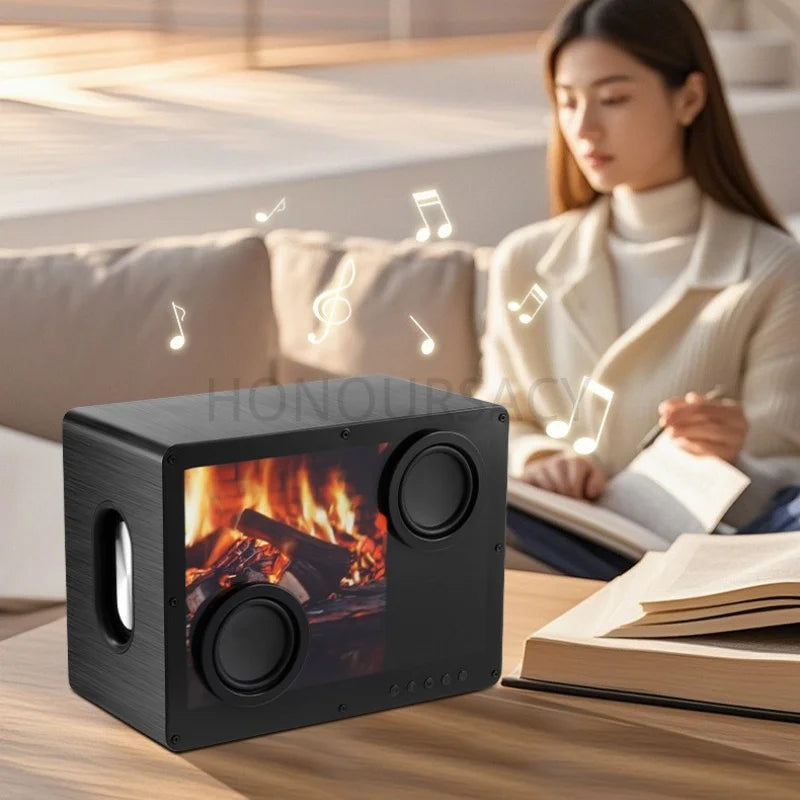 Altavoz Bluetooth con Diseño de Chimenea, Letras Flotantes, Doble Woofer, Altavoces Inalámbricos Portátiles de Alta Fidelidad con Visualización Dinámica de Llama