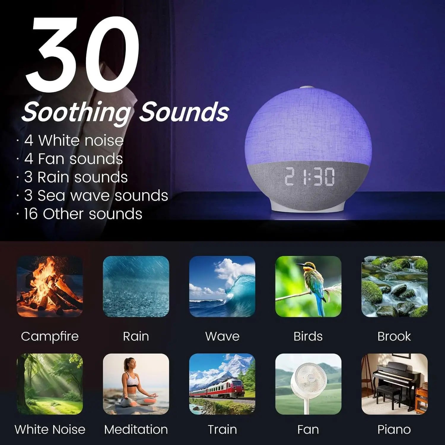 Reloj despertador Sunrise, máquina de sonido con ruido blanco, luz de despertador, 30 sonidos para dormir, Altavoz Bluetooth, luz nocturna para dormitorio, regalo Ideal