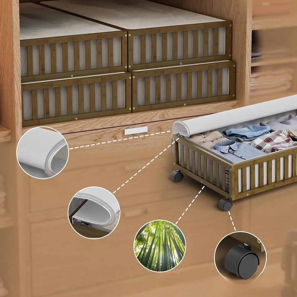 Caja de Almacenamiento de Bambú con Ruedas para Debajo de la Cama, para Sala de Estar y Dormitorio, Caja de Madera Simple par...