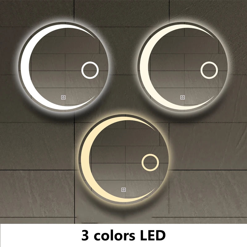 Espejo de baño con forma de luna redonda, luz LED ajustable de 3 colores con altavoz Bluetooth, espejo de maquillaje inteligente, 40/50/60cm