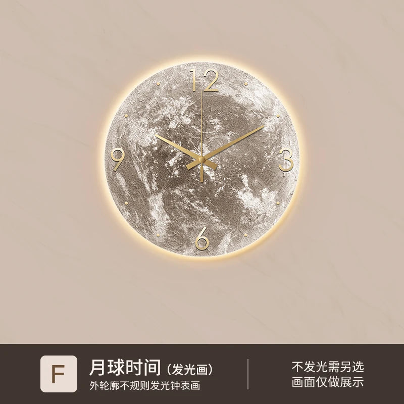 Reloj de pared minimalista moderno para sala de estar, pintura de piedra arenisca de Luna, Ideas de restaurante de moda para el hogar, decoración de pared con luz LED