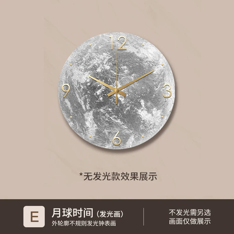 Reloj de pared minimalista moderno para sala de estar, pintura de piedra arenisca de Luna, Ideas de restaurante de moda para el hogar, decoración de pared con luz LED