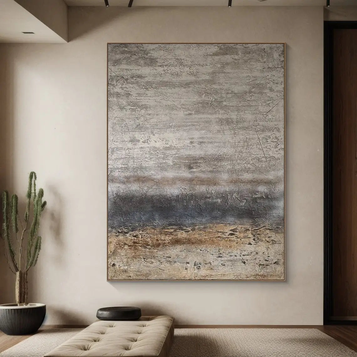 Pintura minimalista Beige hecha a mano, lienzo bohemio, arte de pared, pintura abstracta Beige, pintura de textura negra, decoración de pared de salón
