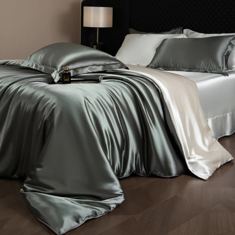 Juego de sábanas de seda, juego de cama de lujo con funda nórdica, sábana bajera ajustada/plana, fundas de almohada mezcladas con rayón King Queen Full Twin