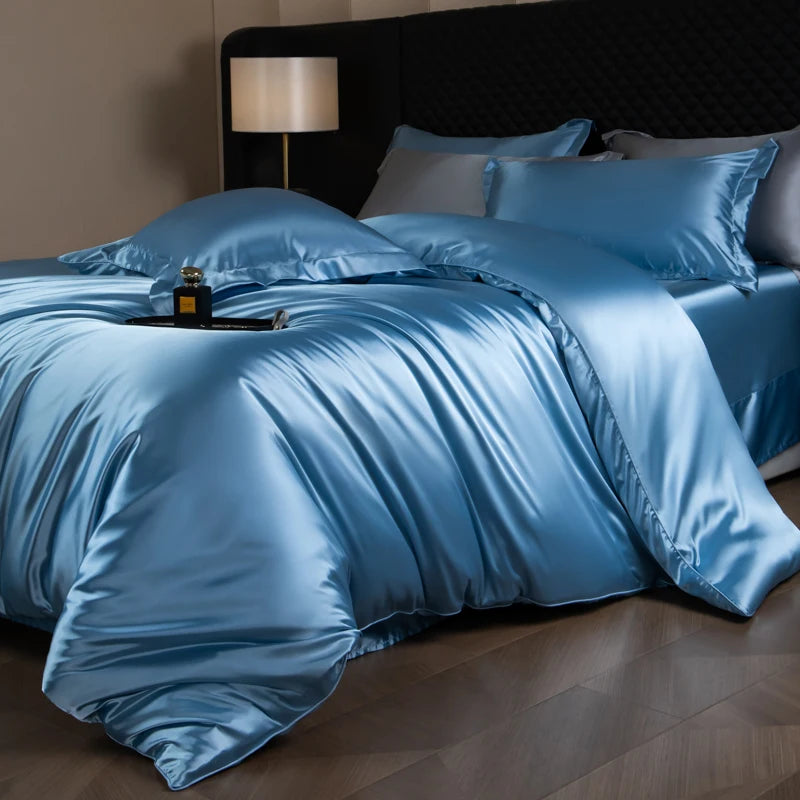 Juego de sábanas de seda, juego de cama de lujo con funda nórdica, sábana bajera ajustada/plana, fundas de almohada mezcladas con rayón King Queen Full Twin