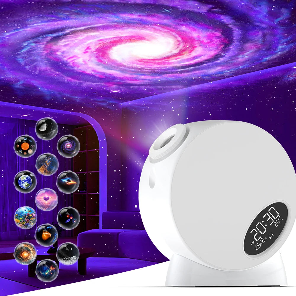 Proyector de galaxia con 13 discos de película, proyector de estrellas 4K HD, luz nocturna para dormitorio para niños, proyector planetario doméstico con pantalla de reloj