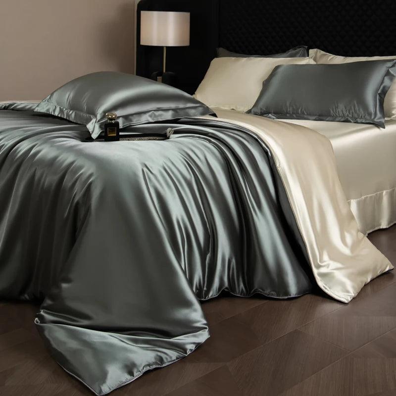 Juego de sábanas de seda, juego de cama de lujo con funda nórdica, sábana bajera ajustada/plana, fundas de almohada mezcladas con rayón King Queen Full Twin