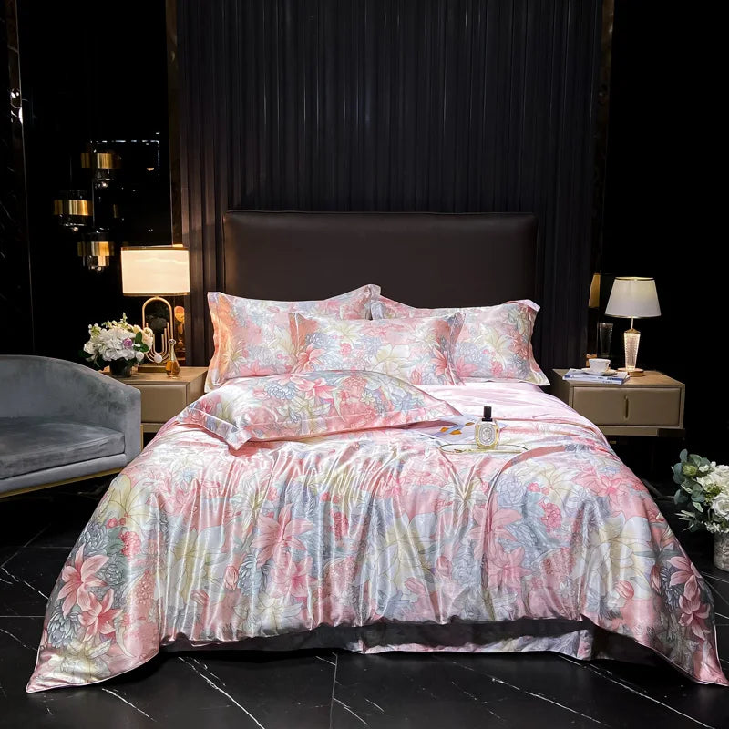 Juego de ropa de cama de seda Natural de alta gama, edredón suave y sedoso de lujo, funda de edredón con estampado individual, doble, tamaño King