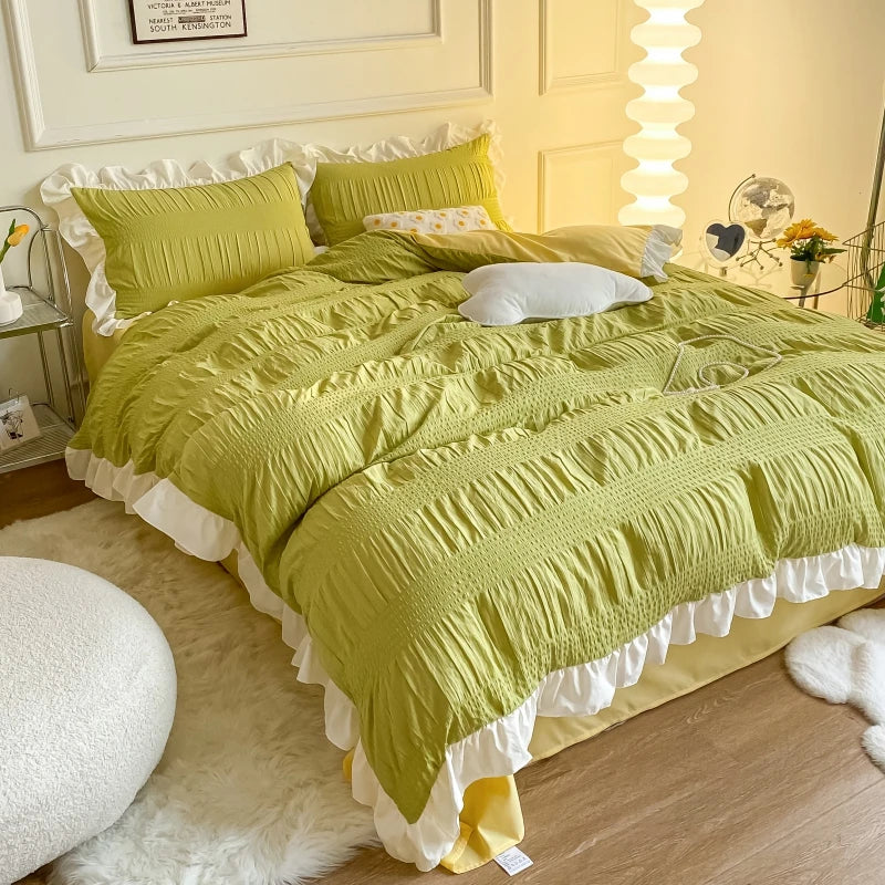 Juego de fundas de edredón con volantes para cama individual, juego de ropa de cama con sábana y fundas de almohada, color blanco, 3/4 piezas, color verde, rosa y gris