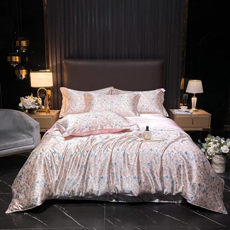 Juego de ropa de cama de seda Natural de alta gama, edredón suave y sedoso de lujo, funda de edredón con estampado individual, doble, tamaño King