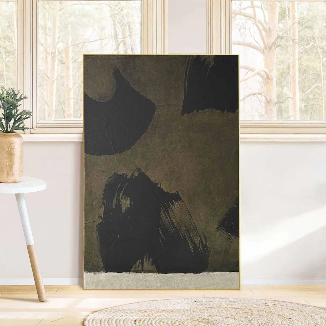 Pintura minimalista Beige hecha a mano, lienzo bohemio, arte de pared, pintura abstracta Beige, pintura de textura negra, decoración de pared de salón