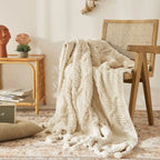 Manta de punto beige nórdica con borlas para sofá, manta decorativa suave y acogedora para sala de estar, regalo de decoración para el hogar