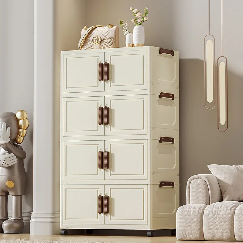 Gabinete de almacenamiento plegable de estilo coreano, caja organizadora de plástico de gran capacidad con ruedas apilables para el hogar