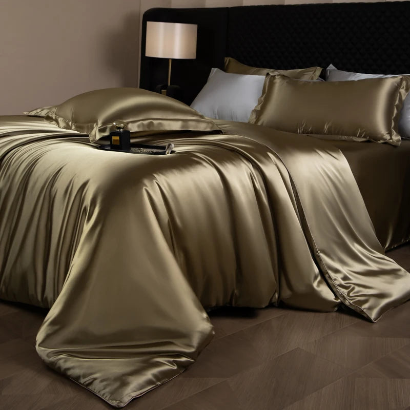 Juego de sábanas de seda, juego de cama de lujo con funda nórdica, sábana bajera ajustada/plana, fundas de almohada mezcladas con rayón King Queen Full Twin