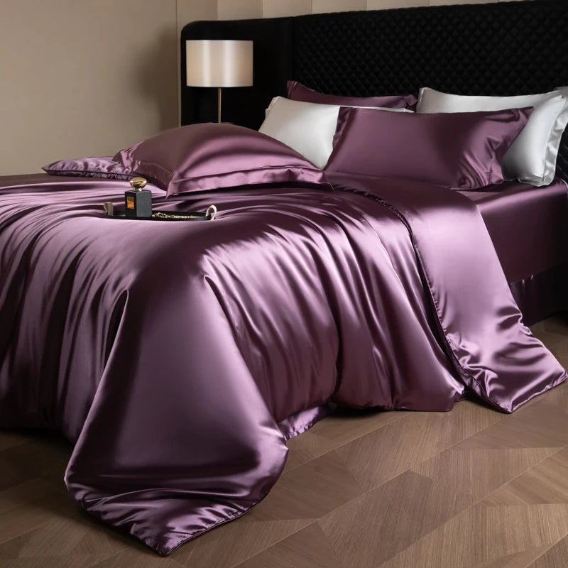 Juego de sábanas de seda, juego de cama de lujo con funda nórdica, sábana bajera ajustada/plana, fundas de almohada mezcladas con rayón King Queen Full Twin