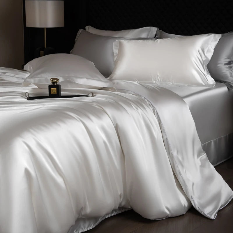 Juego de sábanas de seda, juego de cama de lujo con funda nórdica, sábana bajera ajustada/plana, fundas de almohada mezcladas con rayón King Queen Full Twin
