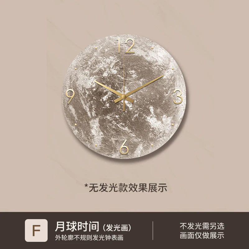 Reloj de pared minimalista moderno para sala de estar, pintura de piedra arenisca de Luna, Ideas de restaurante de moda para el hogar, decoración de pared con luz LED