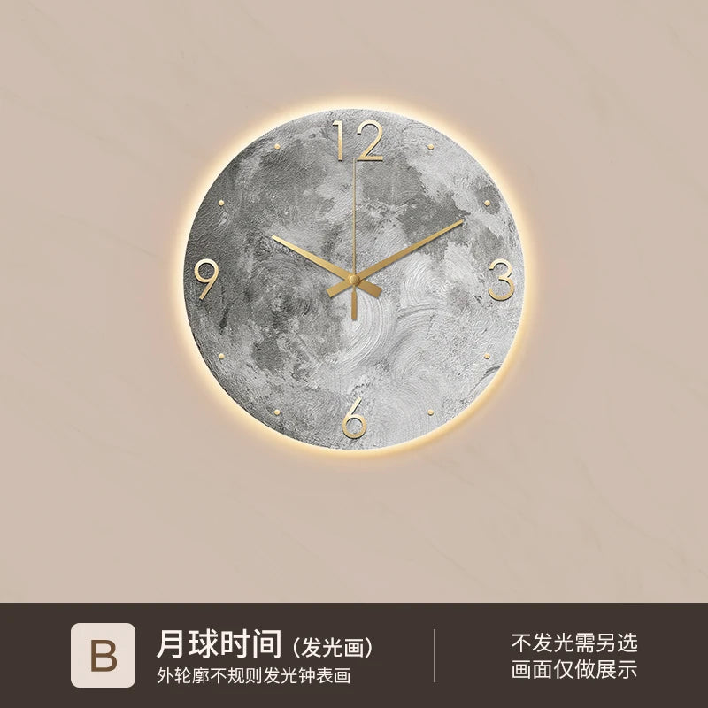 Reloj de pared minimalista moderno para sala de estar, pintura de piedra arenisca de Luna, Ideas de restaurante de moda para el hogar, decoración de pared con luz LED