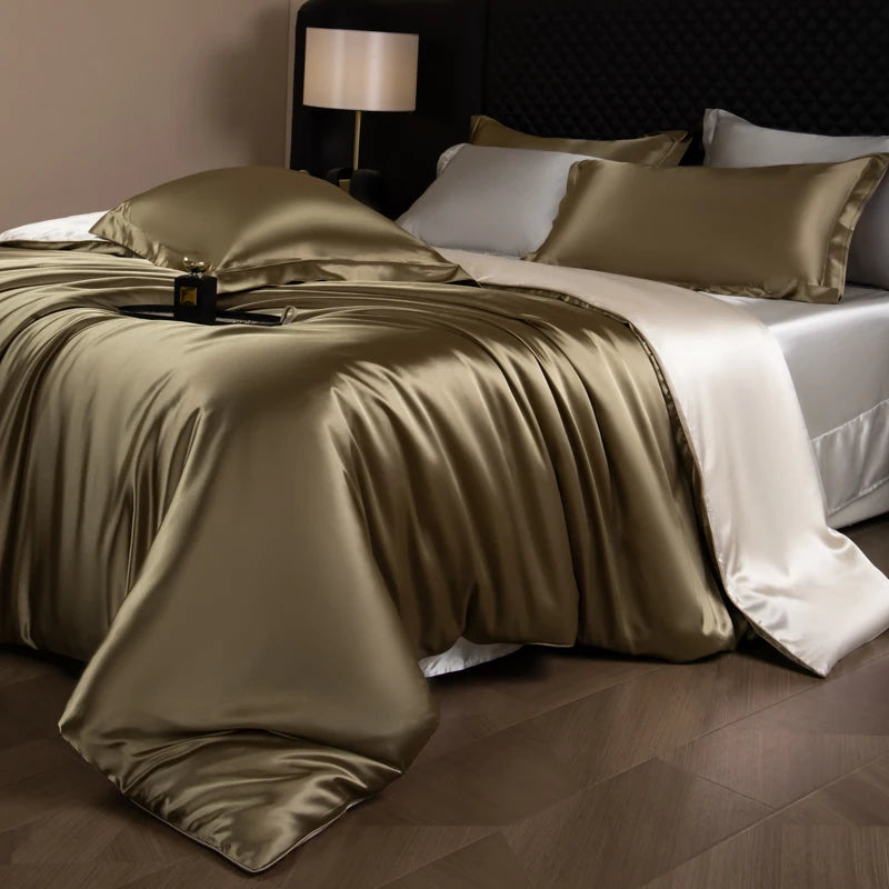 Juego de sábanas de seda, juego de cama de lujo con funda nórdica, sábana bajera ajustada/plana, fundas de almohada mezcladas con rayón King Queen Full Twin