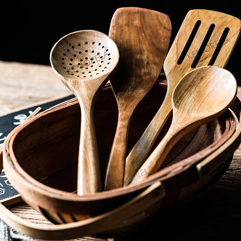 9 cucharas de madera para cocinar, utensilios de madera para cocinar con soporte para utensilios, juego de utensilios de cocina de madera de teca