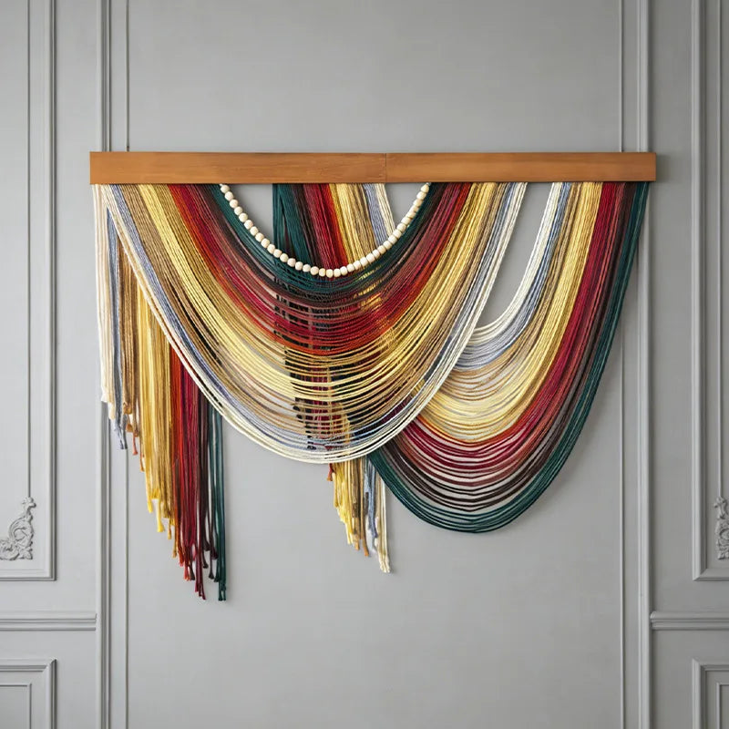 Tapiz de Pared de Macramé Creativo, Decoración Boho, Tapiz de Hilo Hecho a Mano con Borlas para Sala de Estar, Dormitorio, Guardería, Apartamento, Decoración del Hogar