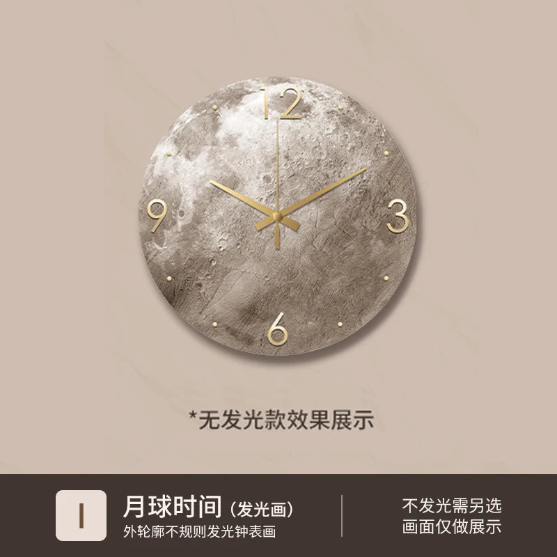 Reloj de pared minimalista moderno para sala de estar, pintura de piedra arenisca de Luna, Ideas de restaurante de moda para el hogar, decoración de pared con luz LED
